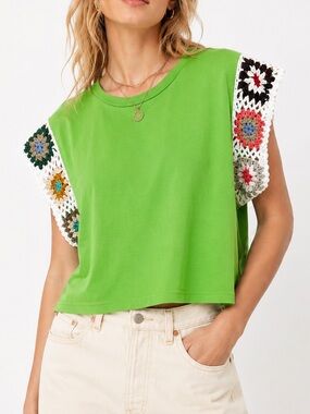 Amanda Collection Boho Bright Green Granny Square Crochet Sleeve Top Size Med